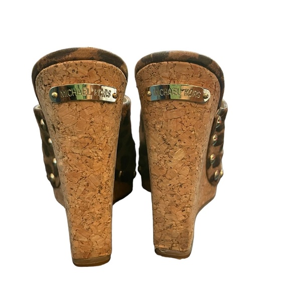 MK Michael Kors Belinda leopard print cork slide wedge  heels gold studs SZ 6.5 - Picture 5 of 8